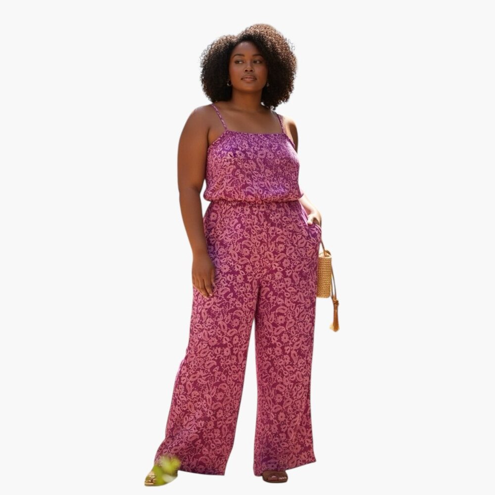 NWT Knox Rose Purple Paisley Boho Jumpsuit Smocked Waist Wide Leg Festival 2X
